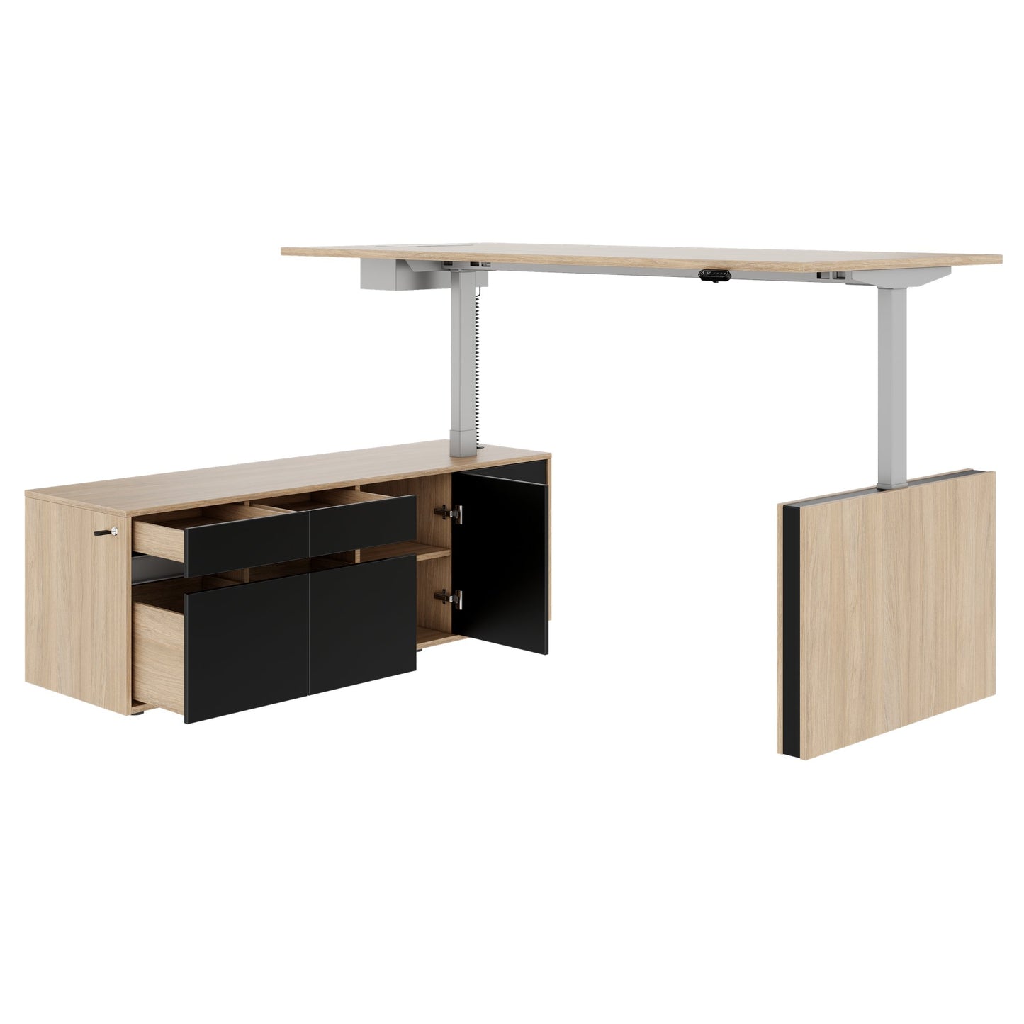 MOTION 2 motor desk with sideboard | Electrically height adjustable, 2000 x 1800 mm, amber oak