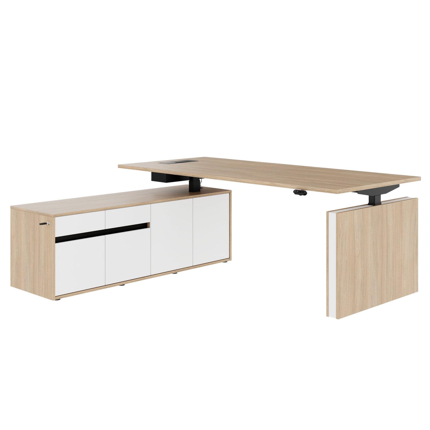 MOTION 2 motor desk with sideboard | Electrically height adjustable, 2000 x 1800 mm, amber oak