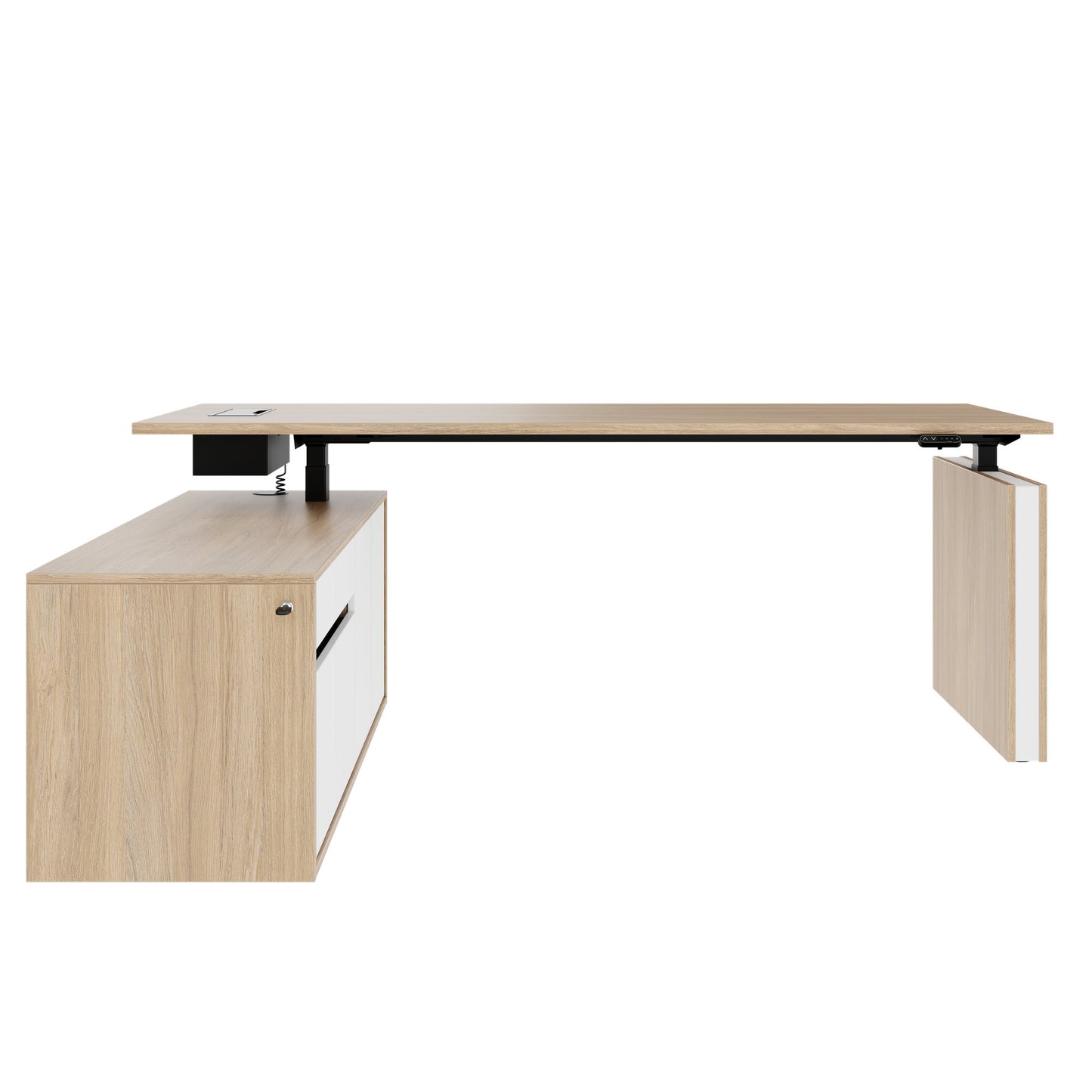 MOTION 2 motor desk with sideboard | Electrically height adjustable, 2000 x 1800 mm, amber oak