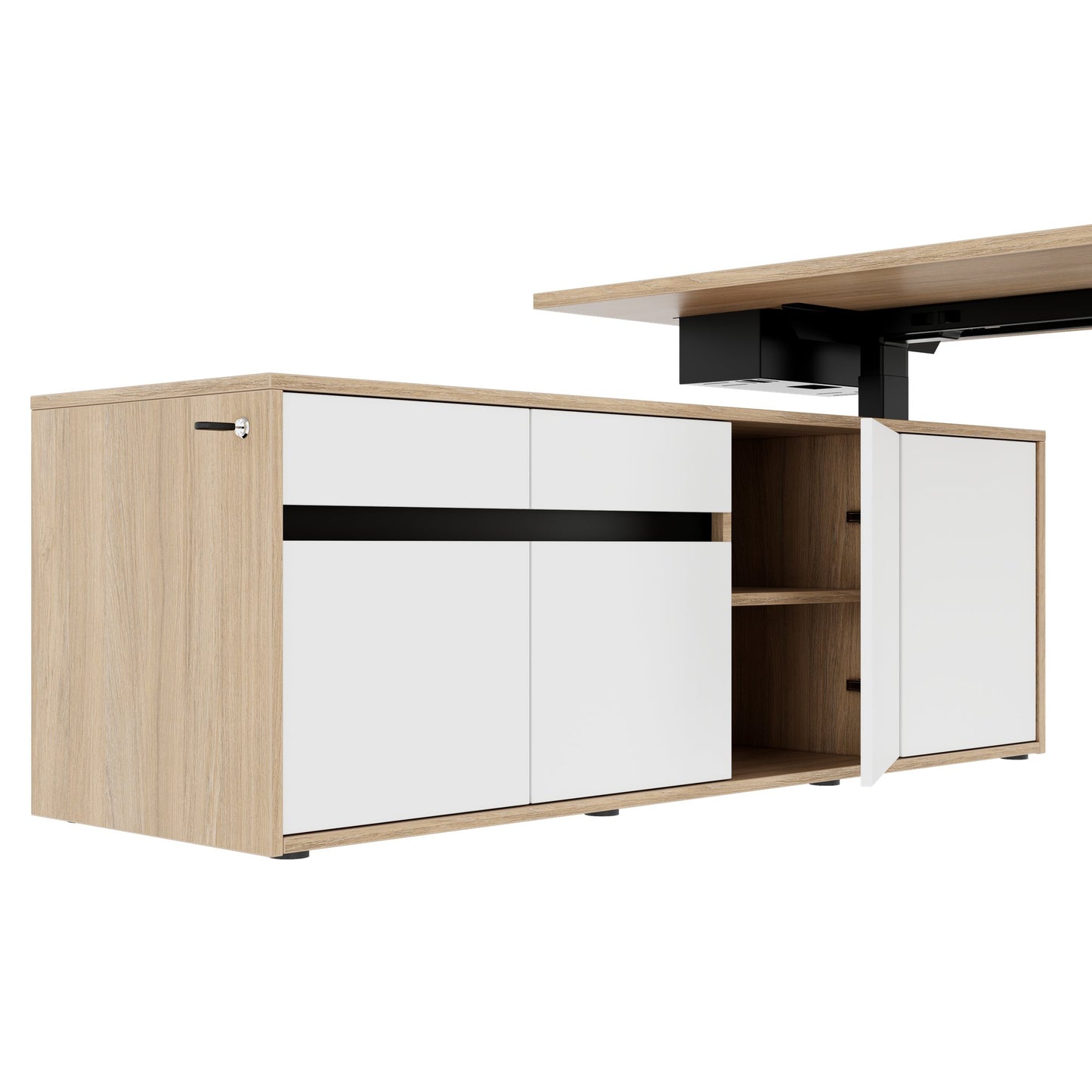 MOTION 2-Motoren-Schreibtisch mit Sideboard | Elektrisch höhenverstellbar, 2000 x 1800 mm, Bernsteineiche
