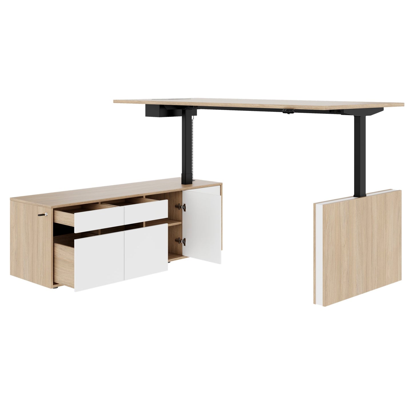 MOTION 2 motor desk with sideboard | Electrically height adjustable, 2000 x 1800 mm, amber oak