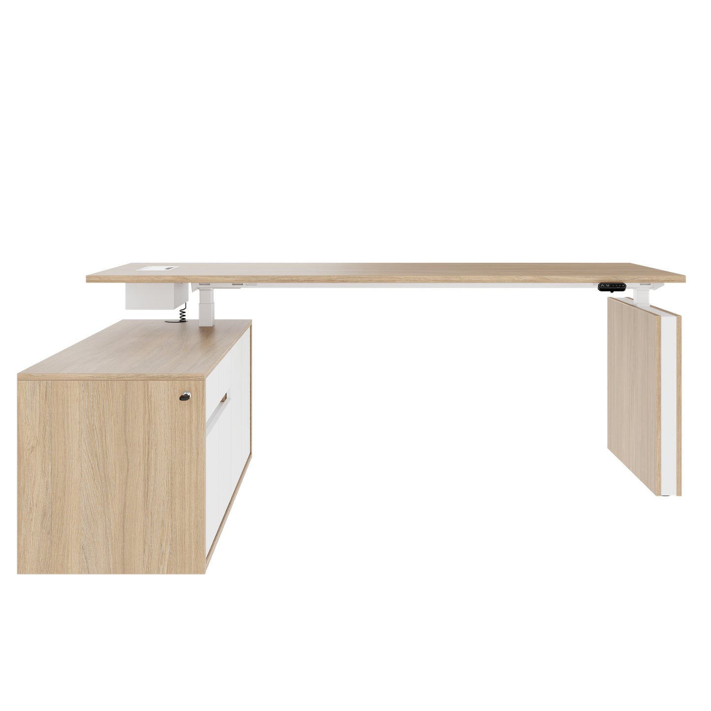 MOTION 2-Motoren-Schreibtisch mit Sideboard | Elektrisch höhenverstellbar, 2000 x 1800 mm, Bernsteineiche