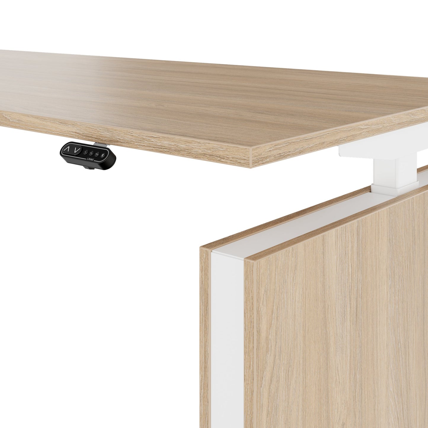 MOTION 2-Motoren-Schreibtisch mit Sideboard | Elektrisch höhenverstellbar, 2000 x 1800 mm, Bernsteineiche