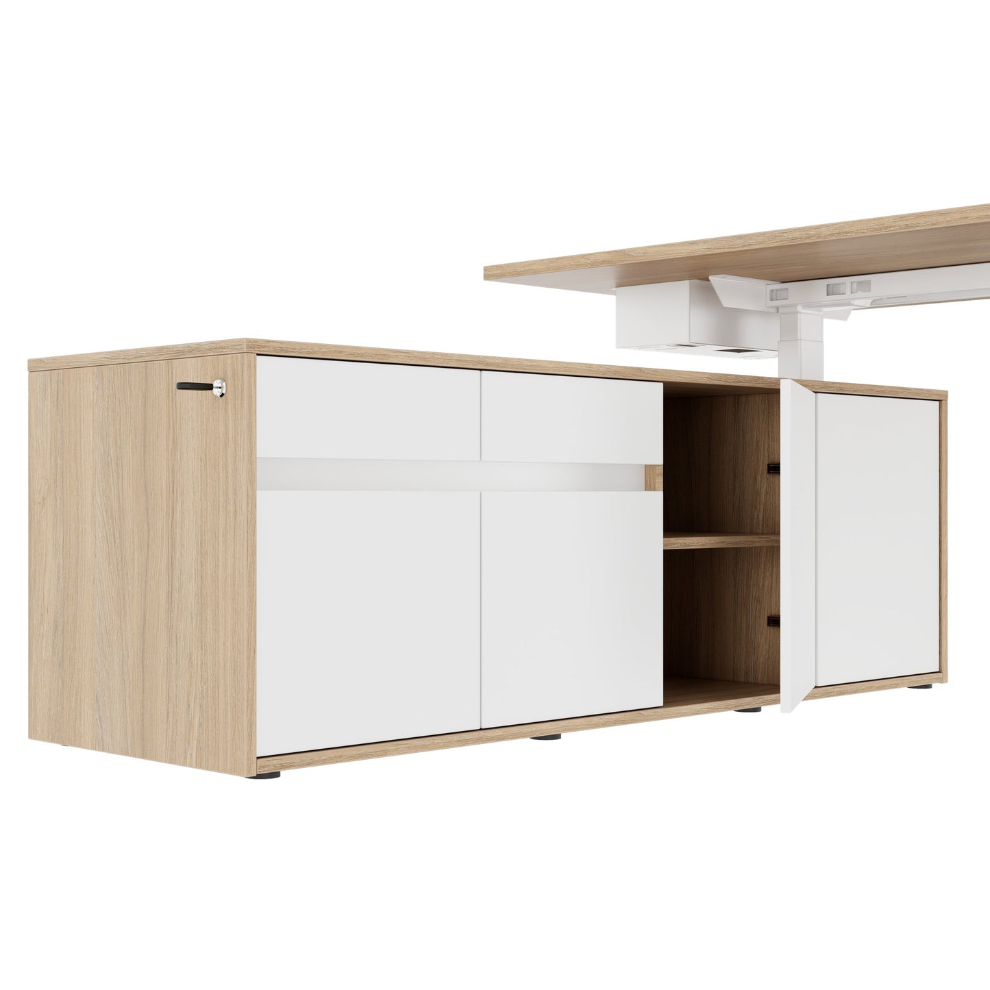MOTION 2 motor desk with sideboard | Electrically height adjustable, 2000 x 1800 mm, amber oak