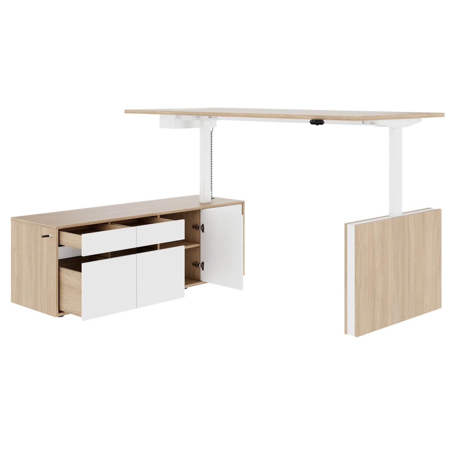 MOTION 2 motor desk with sideboard | Electrically height adjustable, 2000 x 1800 mm, amber oak