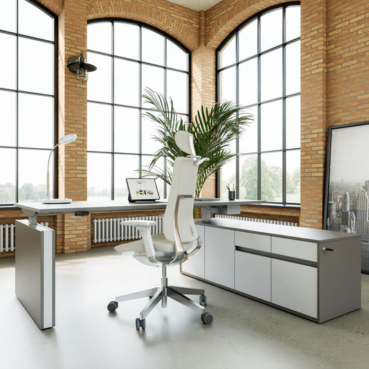 MOTION 2 motor desk with sideboard | Electrically height adjustable, 2000 x 1800 mm, Cubanite gray