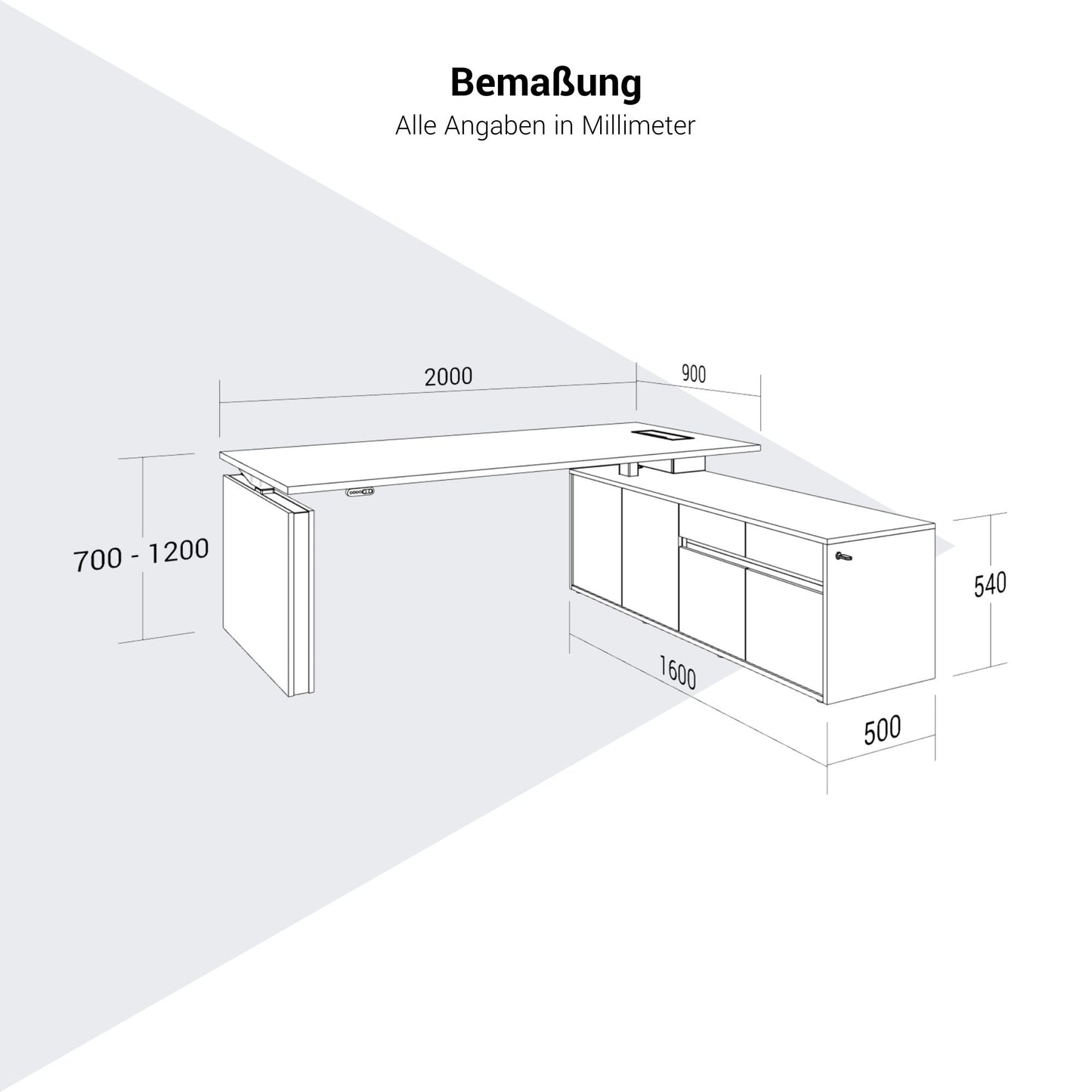 MOTION Desk a 2 motori con sideboard | Regolabile elettricamente in altezza, 2000 x 1800 mm, grigio cubanite
