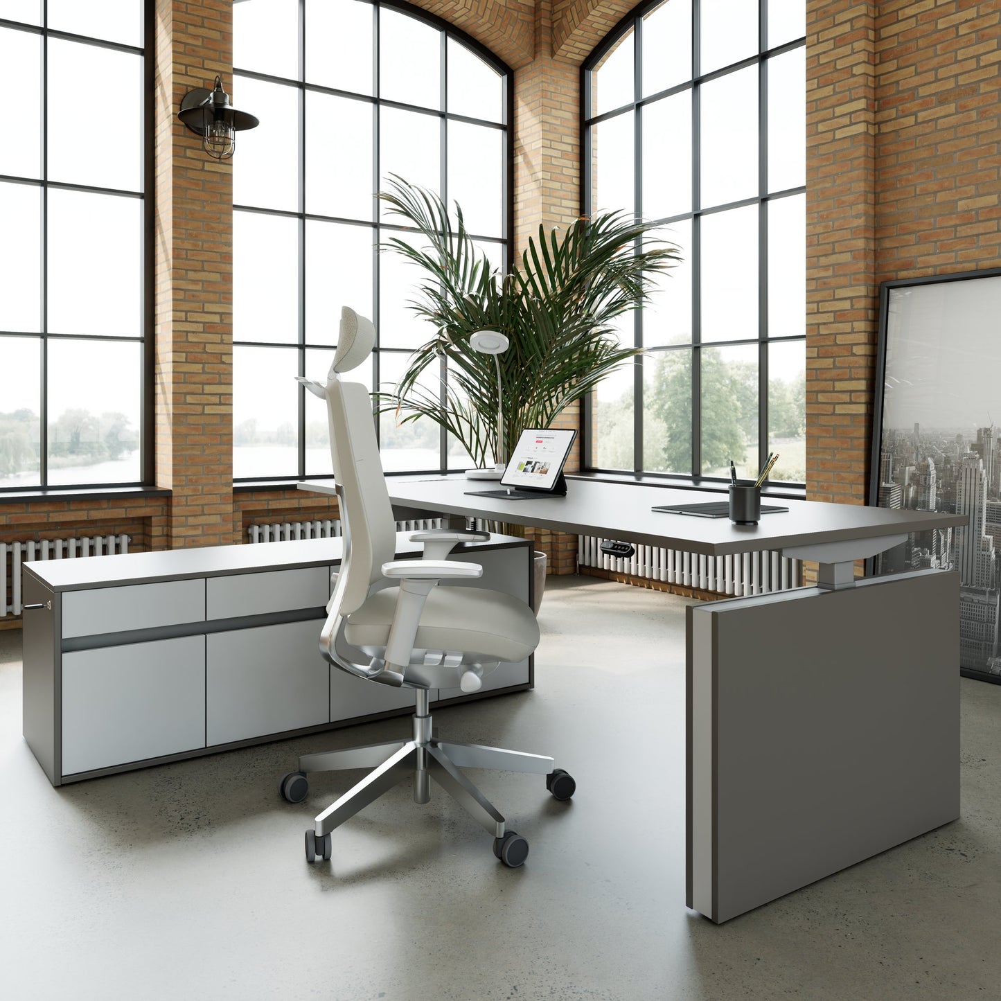 MOTION Desk a 2 motori con sideboard | Regolabile elettricamente in altezza, 2000 x 1800 mm, grigio cubanite