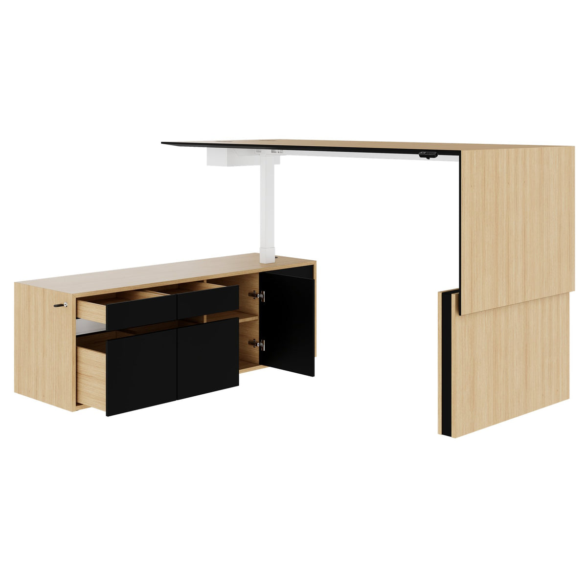MOTION Desk a 2 motori con sideboard | Regolabile elettricamente in altezza, 2000 x 1800 mm, impiallacciatura di quercia - 8 Lightbox Main Image