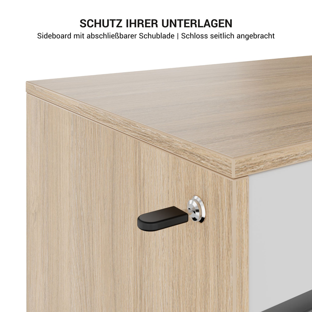 MOTION Desk a 2 motori con sideboard | Regolabile elettricamente in altezza, 2000 x 1800 mm, impiallacciatura di quercia - 9 Lightbox Main Image