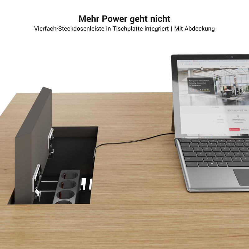 MOTION 2-Motoren-Schreibtisch mit Sideboard | Elektrisch höhenverstellbar, 2000 x 1800 mm, Echtholzfurnier Esche Schwarz - 10 Main Image