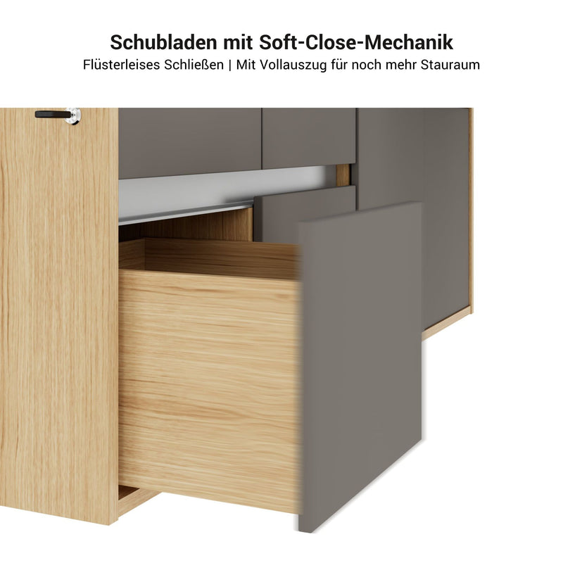 MOTION 2-Motoren-Schreibtisch mit Sideboard | Elektrisch höhenverstellbar, 2000 x 1800 mm, Echtholzfurnier Esche Schwarz - 12 Main Image