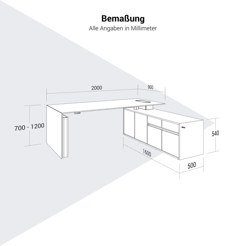 MOTION 2-Motoren-Schreibtisch mit Sideboard | Elektrisch höhenverstellbar, 2000 x 1800 mm, Echtholzfurnier Esche Schwarz - 13 Main Image