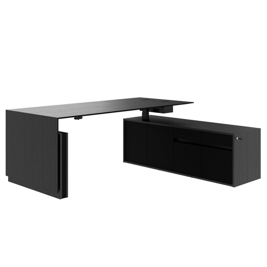 MOTION 2-motor desk with sideboard | Electrically height adjustable, 2000 x 1800 mm, ash black veneer