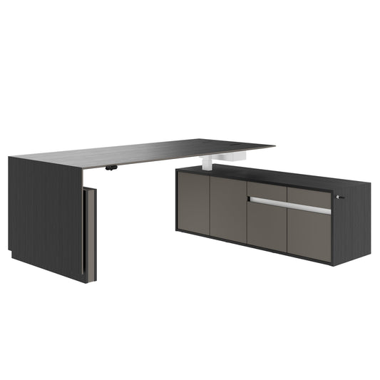 MOTION 2-Motoren-Schreibtisch mit Sideboard | Elektrisch höhenverstellbar, 2000 x 1800 mm, Esche Schwarz Furnier