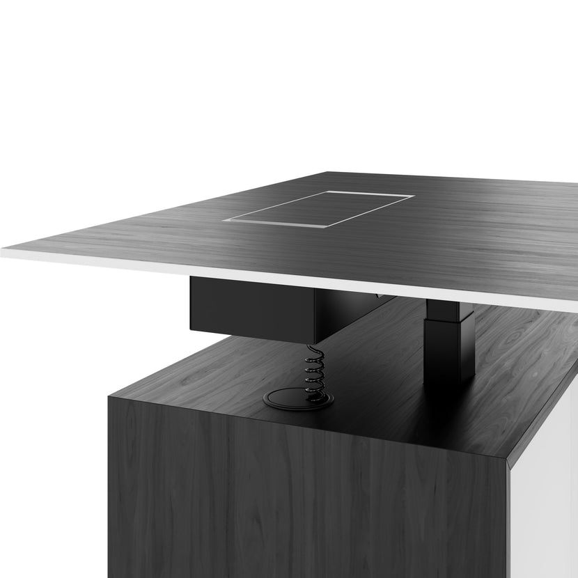 MOTION 2-Motoren-Schreibtisch mit Sideboard | Elektrisch höhenverstellbar, 2000 x 1800 mm, Esche Schwarz Furnier