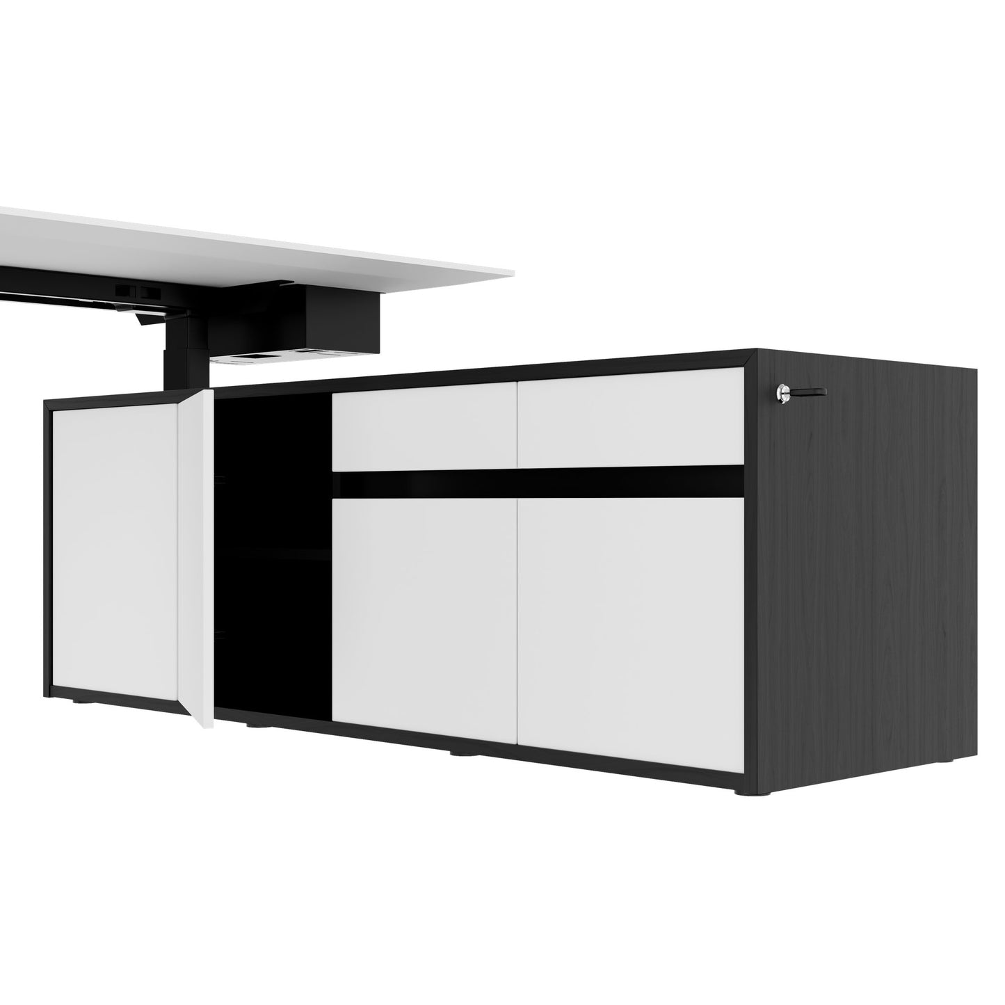 MOTION 2-Motoren-Schreibtisch mit Sideboard | Elektrisch höhenverstellbar, 2000 x 1800 mm, Esche Schwarz Furnier