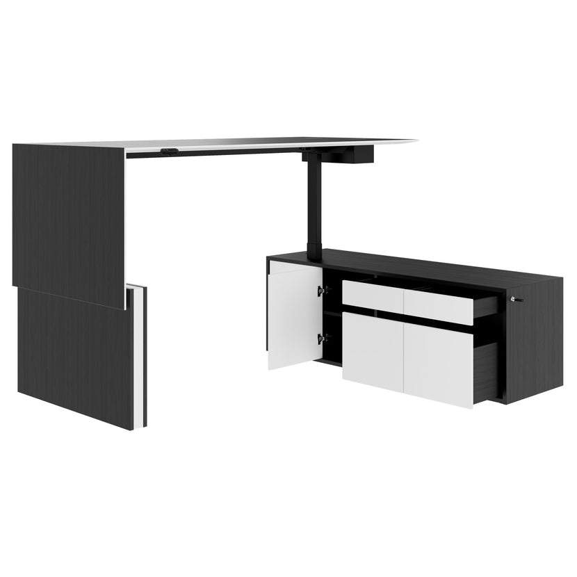 MOTION 2-Motoren-Schreibtisch mit Sideboard | Elektrisch höhenverstellbar, 2000 x 1800 mm, Esche Schwarz Furnier