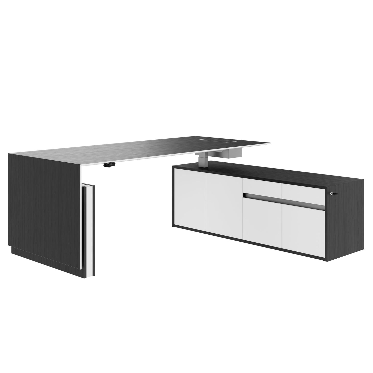 MOTION 2-Motoren-Schreibtisch mit Sideboard | Elektrisch höhenverstellbar, 2000 x 1800 mm, Esche Schwarz Furnier