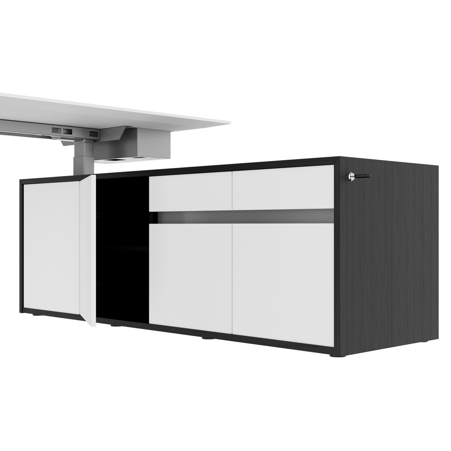 MOTION 2-Motoren-Schreibtisch mit Sideboard | Elektrisch höhenverstellbar, 2000 x 1800 mm, Esche Schwarz Furnier