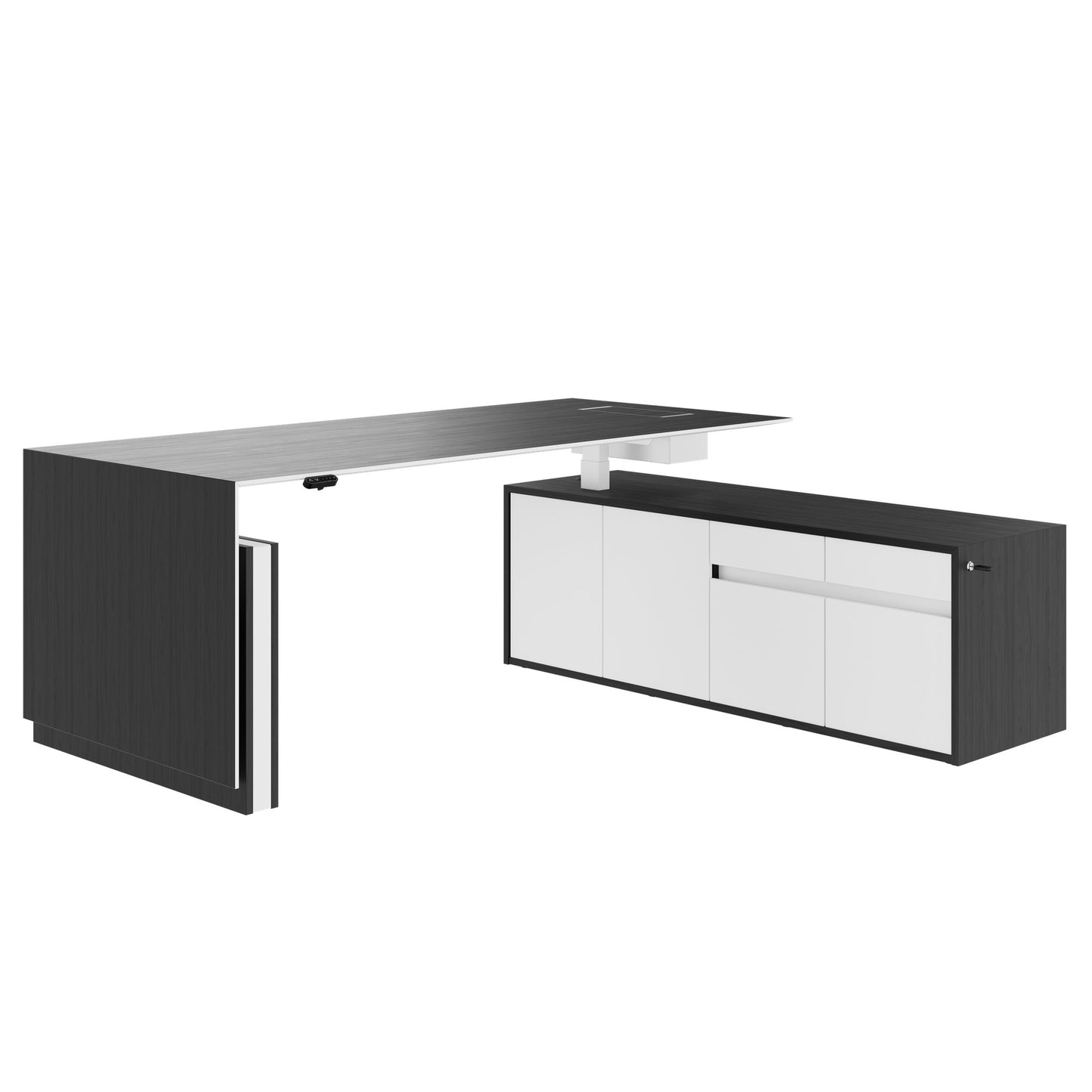 MOTION 2-Motoren-Schreibtisch mit Sideboard | Elektrisch höhenverstellbar, 2000 x 1800 mm, Esche Schwarz Furnier
