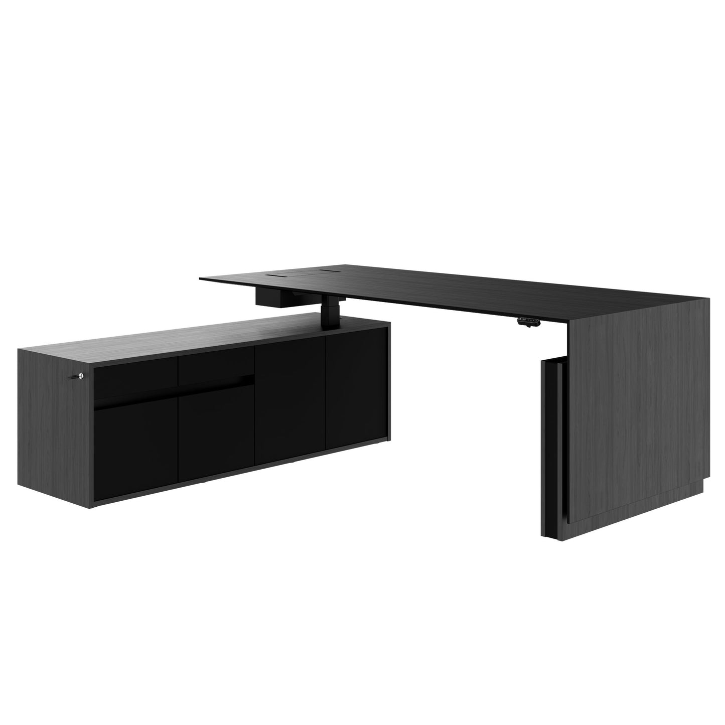 MOTION 2-Motoren-Schreibtisch mit Sideboard | Elektrisch höhenverstellbar, 2000 x 1800 mm, Esche Schwarz Furnier