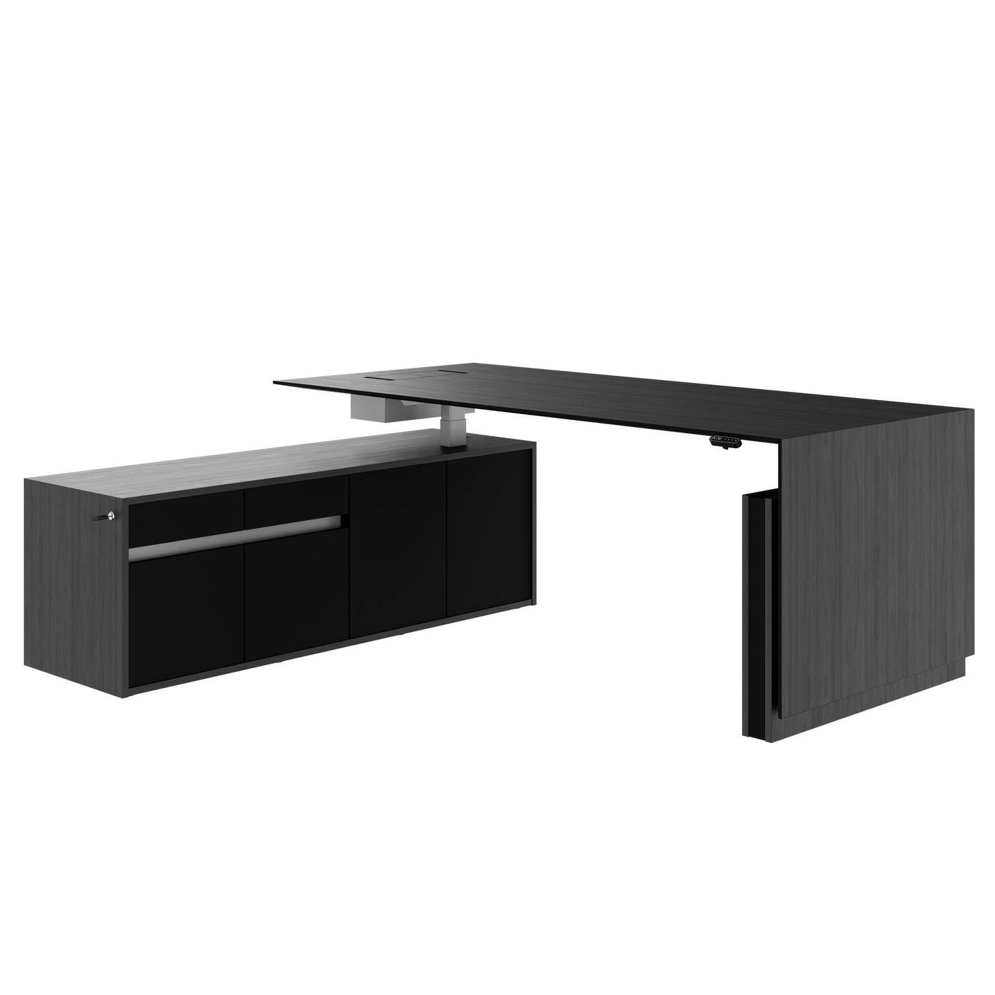 MOTION 2-Motoren-Schreibtisch mit Sideboard | Elektrisch höhenverstellbar, 2000 x 1800 mm, Esche Schwarz Furnier