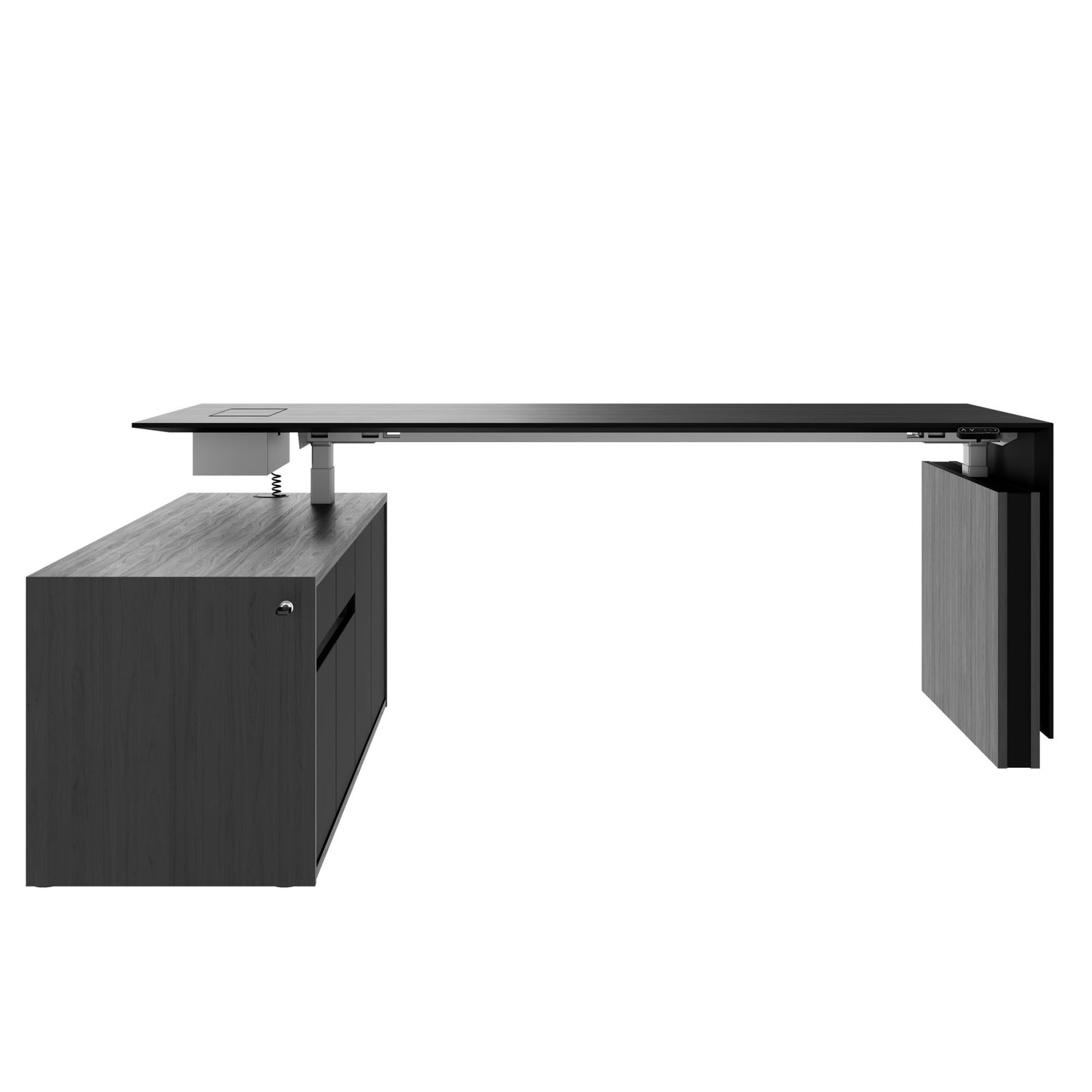 MOTION 2-Motoren-Schreibtisch mit Sideboard | Elektrisch höhenverstellbar, 2000 x 1800 mm, Esche Schwarz Furnier