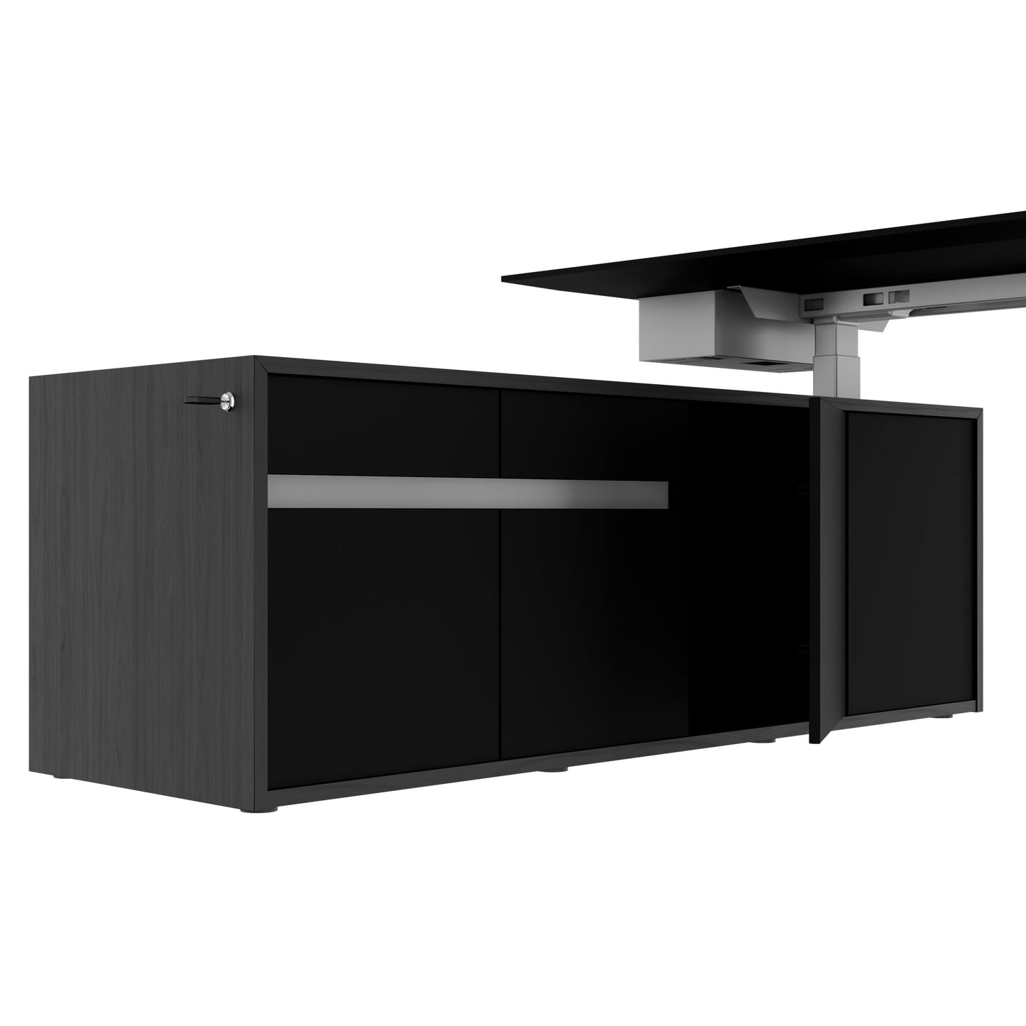 MOTION 2-Motoren-Schreibtisch mit Sideboard | Elektrisch höhenverstellbar, 2000 x 1800 mm, Esche Schwarz Furnier