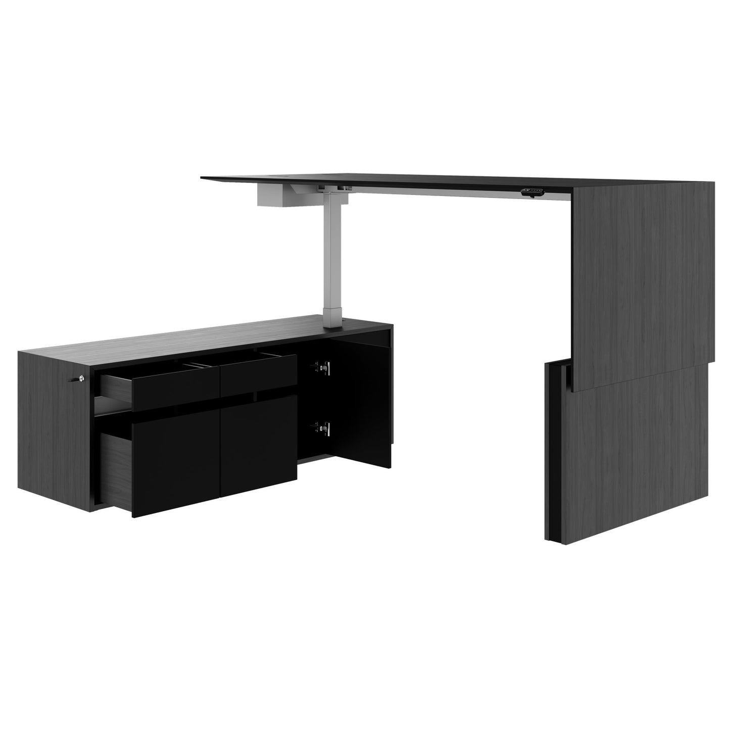 MOTION 2-Motoren-Schreibtisch mit Sideboard | Elektrisch höhenverstellbar, 2000 x 1800 mm, Esche Schwarz Furnier