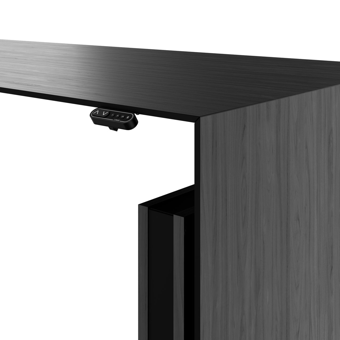 MOTION 2-Motoren-Schreibtisch mit Sideboard | Elektrisch höhenverstellbar, 2000 x 1800 mm, Esche Schwarz Furnier