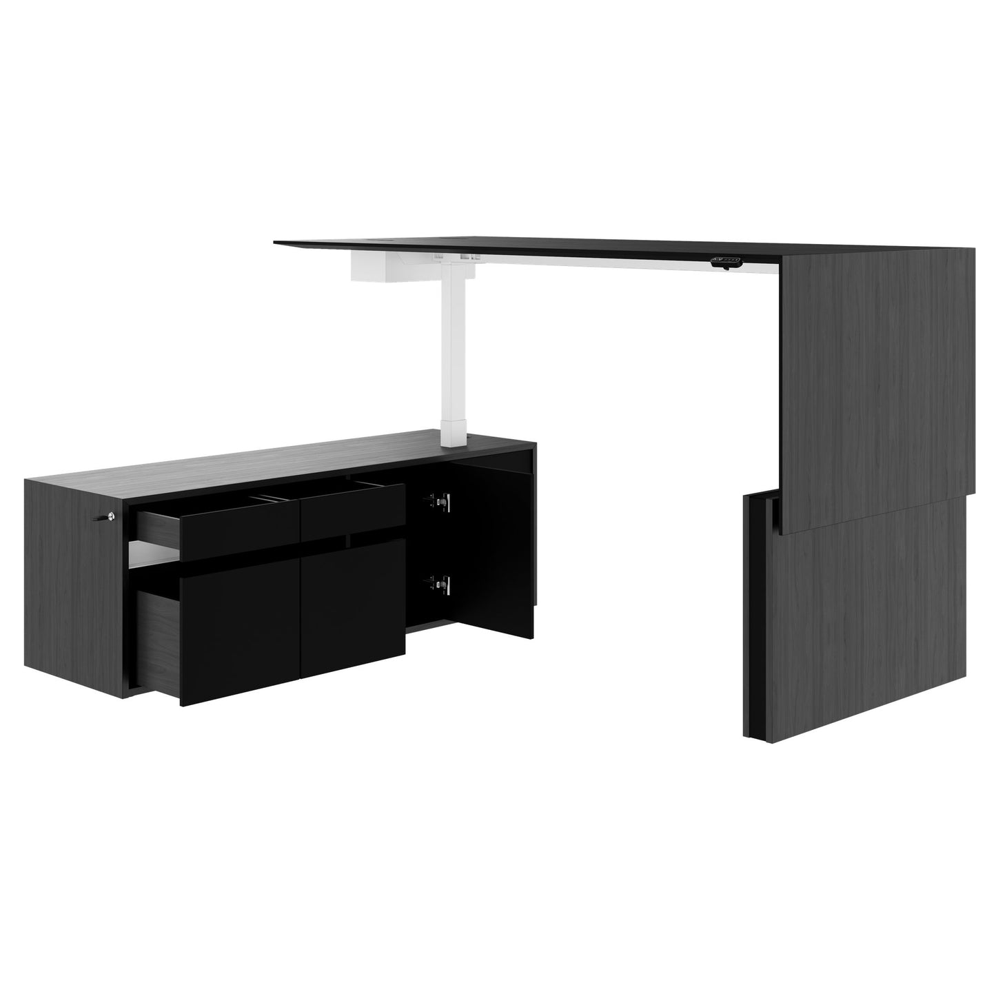 MOTION 2-Motoren-Schreibtisch mit Sideboard | Elektrisch höhenverstellbar, 2000 x 1800 mm, Esche Schwarz Furnier