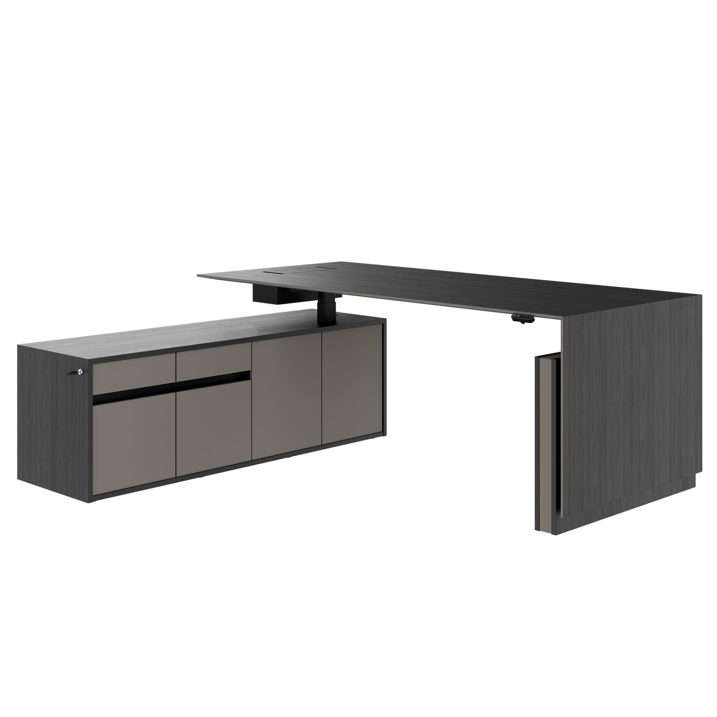 MOTION 2-Motoren-Schreibtisch mit Sideboard | Elektrisch höhenverstellbar, 2000 x 1800 mm, Esche Schwarz Furnier