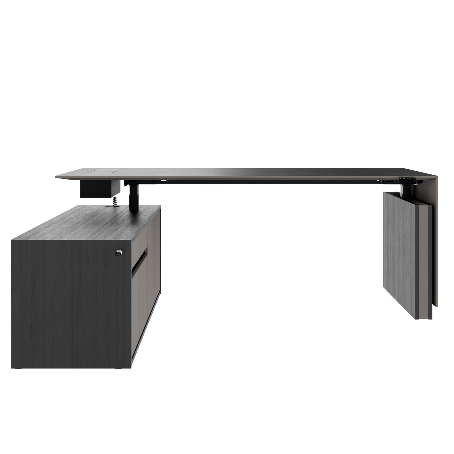 MOTION 2-Motoren-Schreibtisch mit Sideboard | Elektrisch höhenverstellbar, 2000 x 1800 mm, Esche Schwarz Furnier