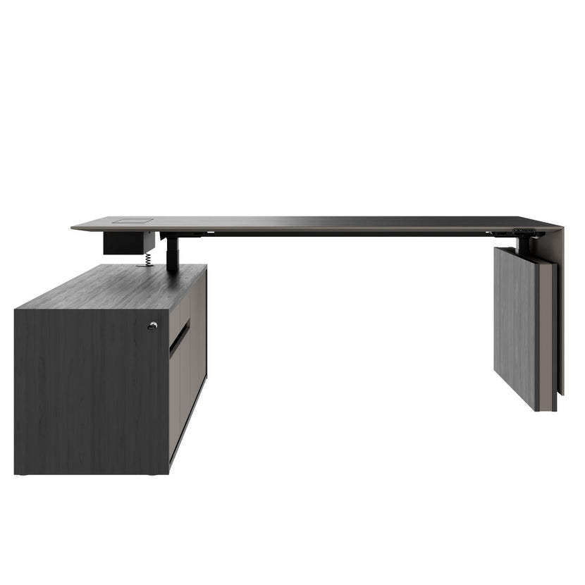 MOTION Bureau à 2 moteurs avec buffet | Réglable à hauteur électrique, 2000 x 1800 mm, placage noir cendre