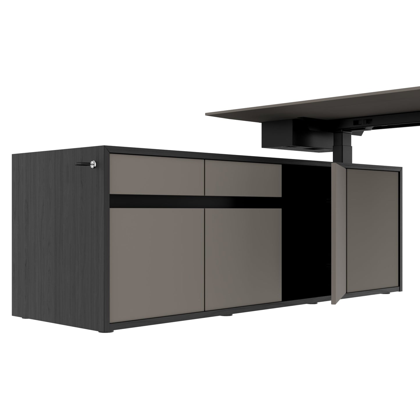 MOTION 2-Motoren-Schreibtisch mit Sideboard | Elektrisch höhenverstellbar, 2000 x 1800 mm, Esche Schwarz Furnier