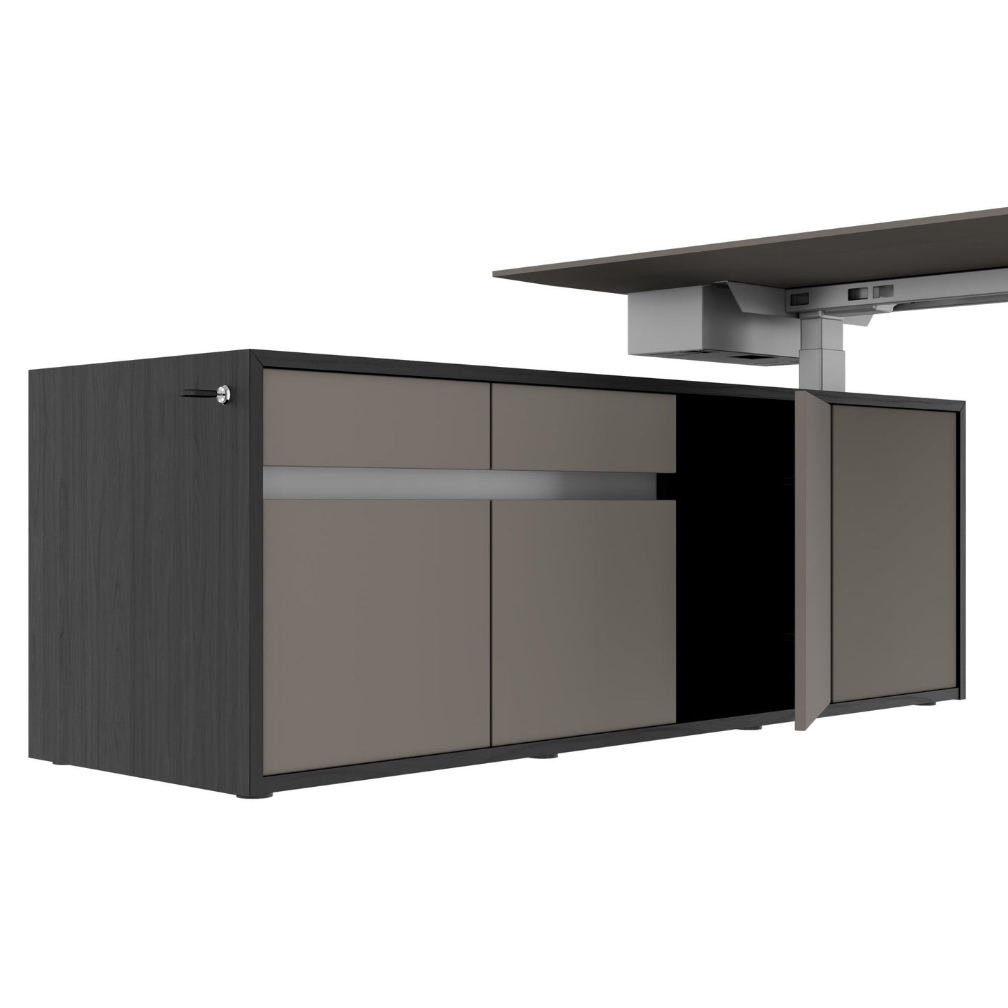MOTION 2-Motoren-Schreibtisch mit Sideboard | Elektrisch höhenverstellbar, 2000 x 1800 mm, Esche Schwarz Furnier