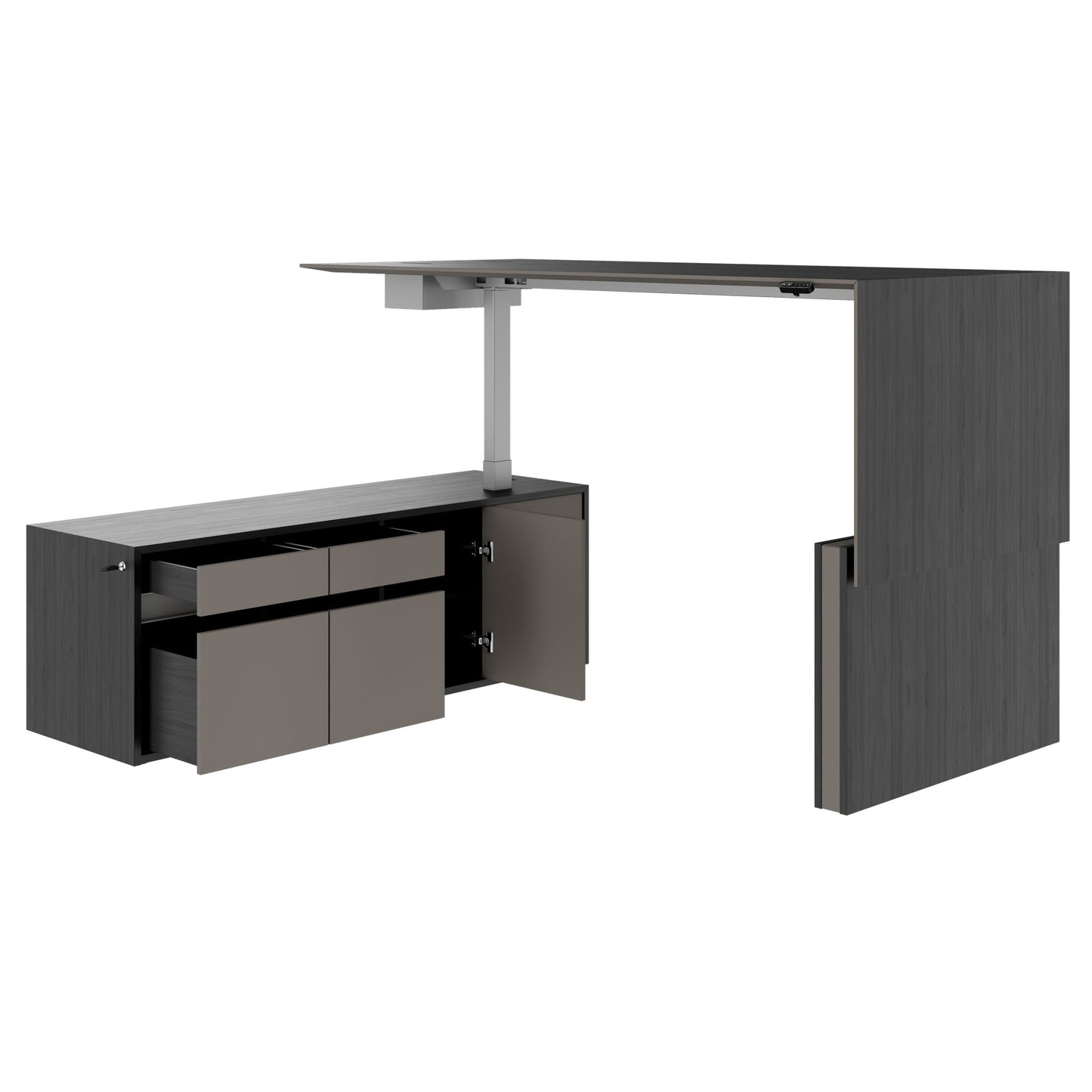 MOTION 2-Motoren-Schreibtisch mit Sideboard | Elektrisch höhenverstellbar, 2000 x 1800 mm, Esche Schwarz Furnier