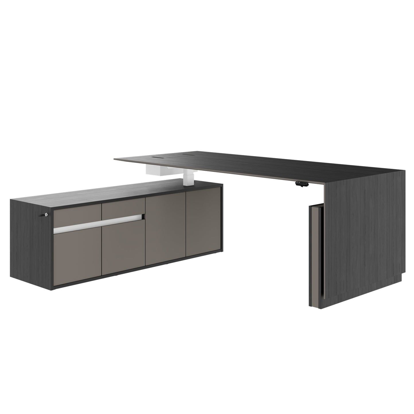MOTION 2-Motoren-Schreibtisch mit Sideboard | Elektrisch höhenverstellbar, 2000 x 1800 mm, Esche Schwarz Furnier