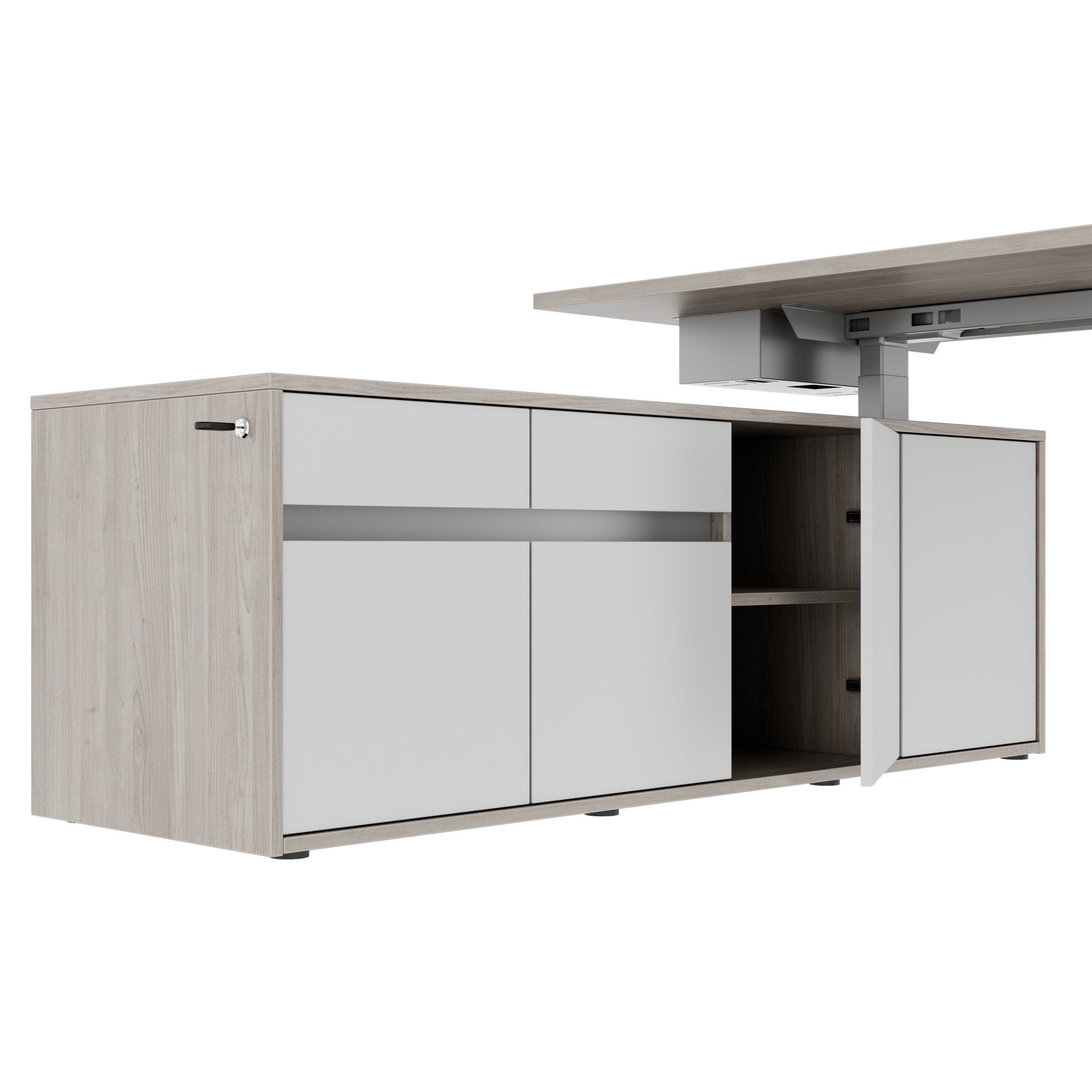 MOTION 2 motor desk with sideboard | Electrically height adjustable, 2000 x 1800 mm, gray northern oak