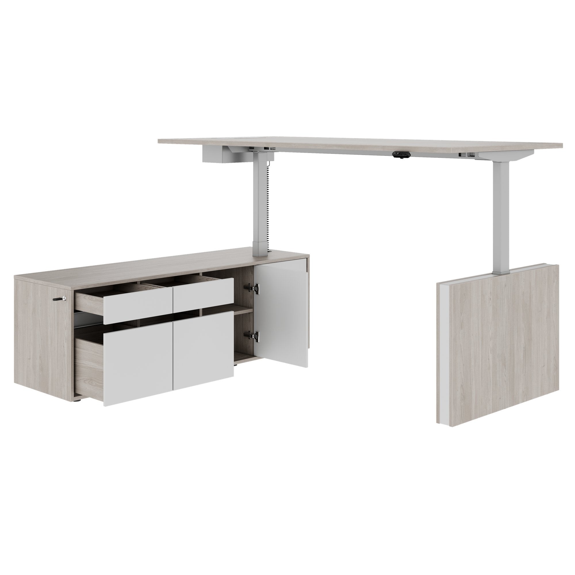 MOTION 2 motor desk with sideboard | Electrically height adjustable, 2000 x 1800 mm, gray northern oak