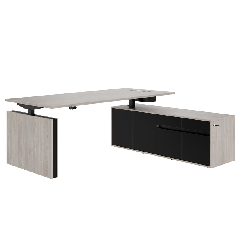 MOTION 2 motor desk with sideboard | Electrically height adjustable, 2000 x 1800 mm, gray northern oak