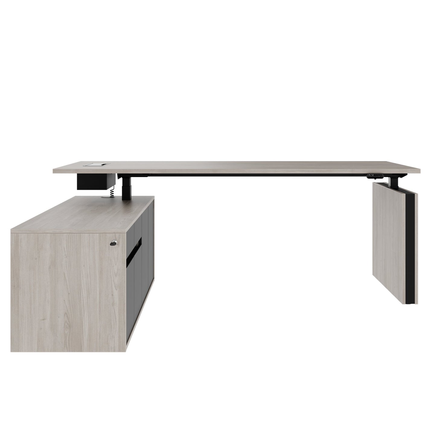 MOTION 2 motor desk with sideboard | Electrically height adjustable, 2000 x 1800 mm, gray northern oak