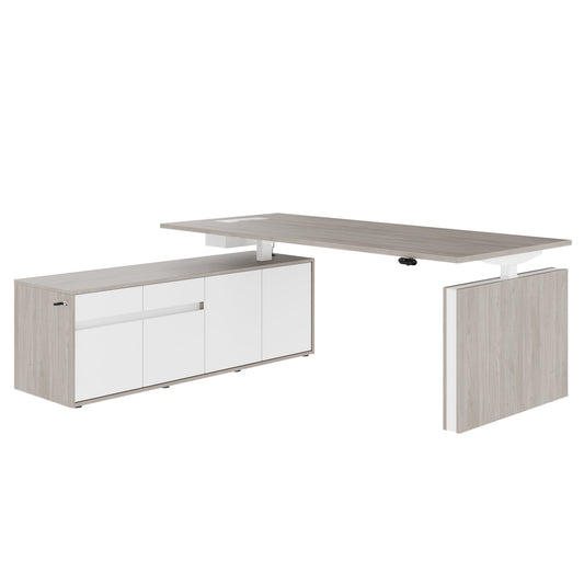 MOTION 2 motor desk with sideboard | Electrically height adjustable, 2000 x 1800 mm, gray northern oak