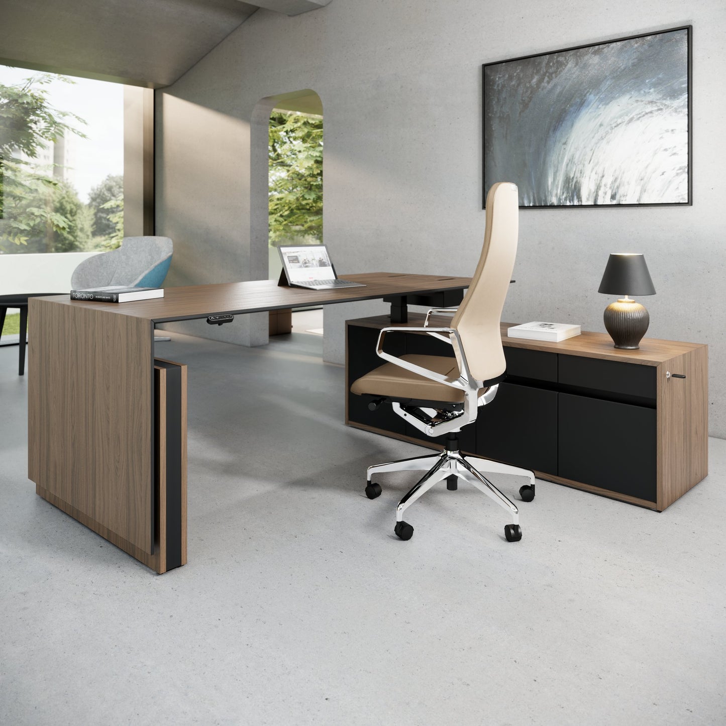 Bureau motorisé MOTION 2 avec buffet | Hauteur réglable électriquement, 2000 x 1800 mm, placage noyer