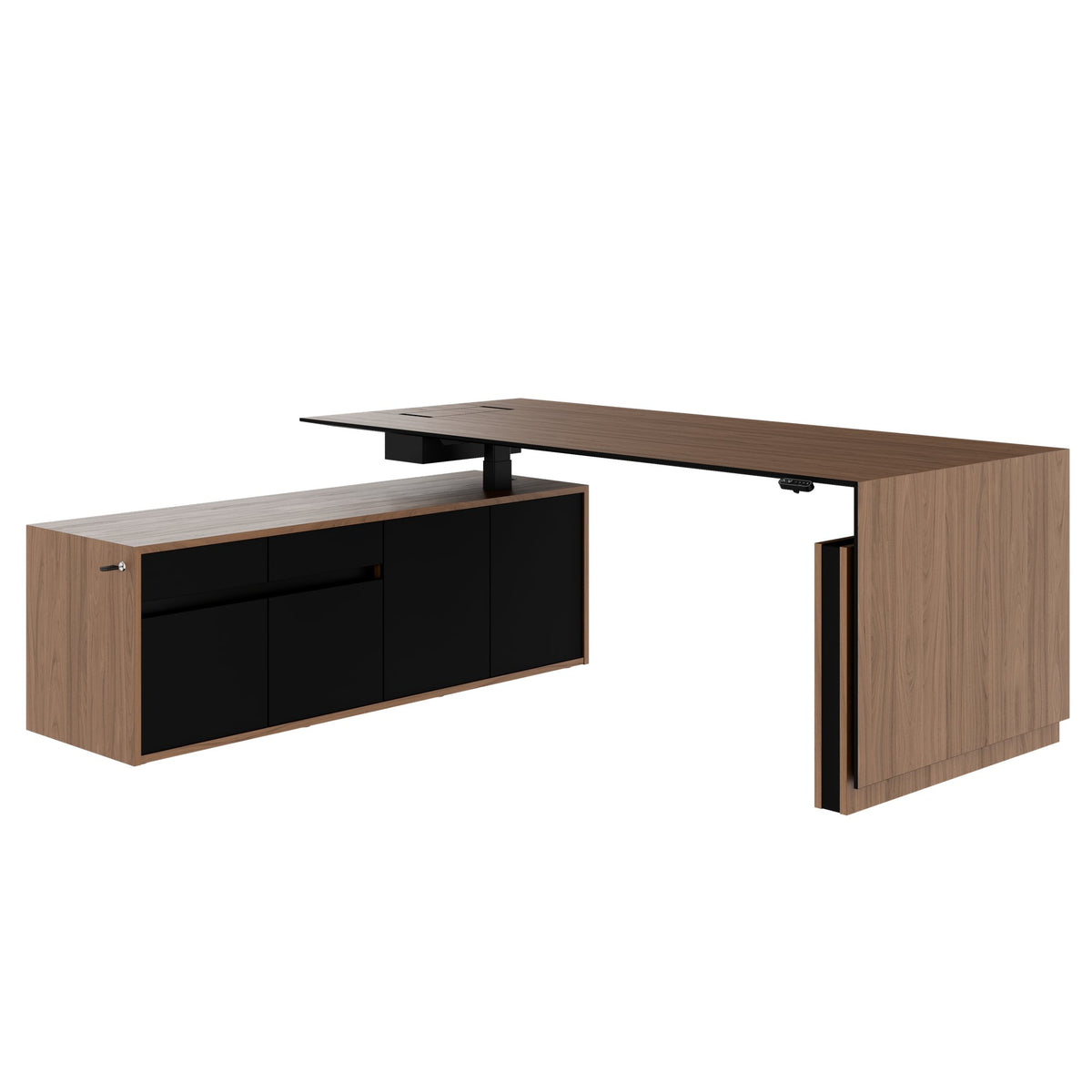 MOTION 2-Motoren-Schreibtisch mit Sideboard | Elektrisch höhenverstellbar, 2000 x 1800 mm, Echtholzfurnier Nussbaum - 1 Lightbox Main Image