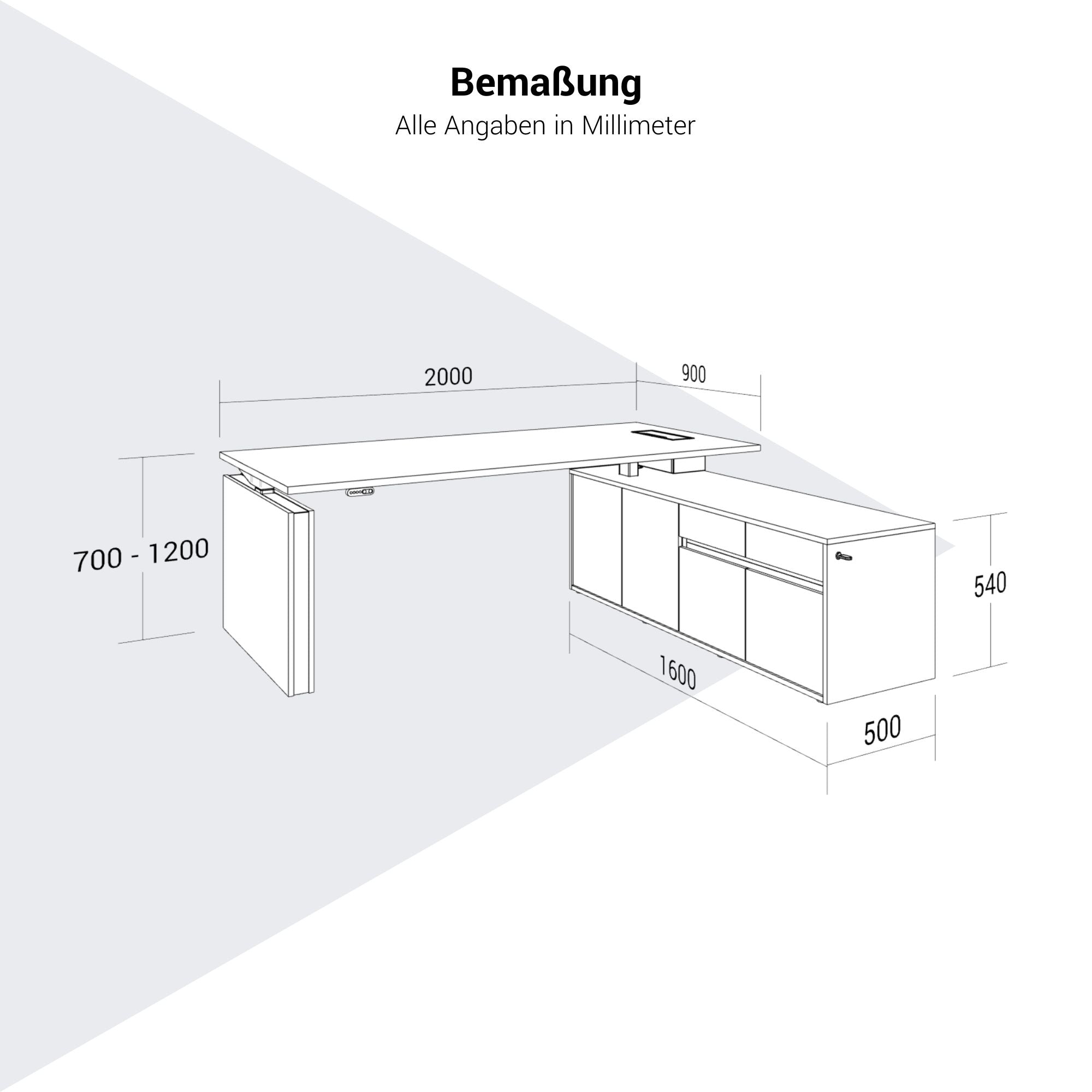 MOTION 2-Motoren-Schreibtisch mit Sideboard | Elektrisch höhenverstellbar, 2000 x 1800 mm, Nussbaum Furnier