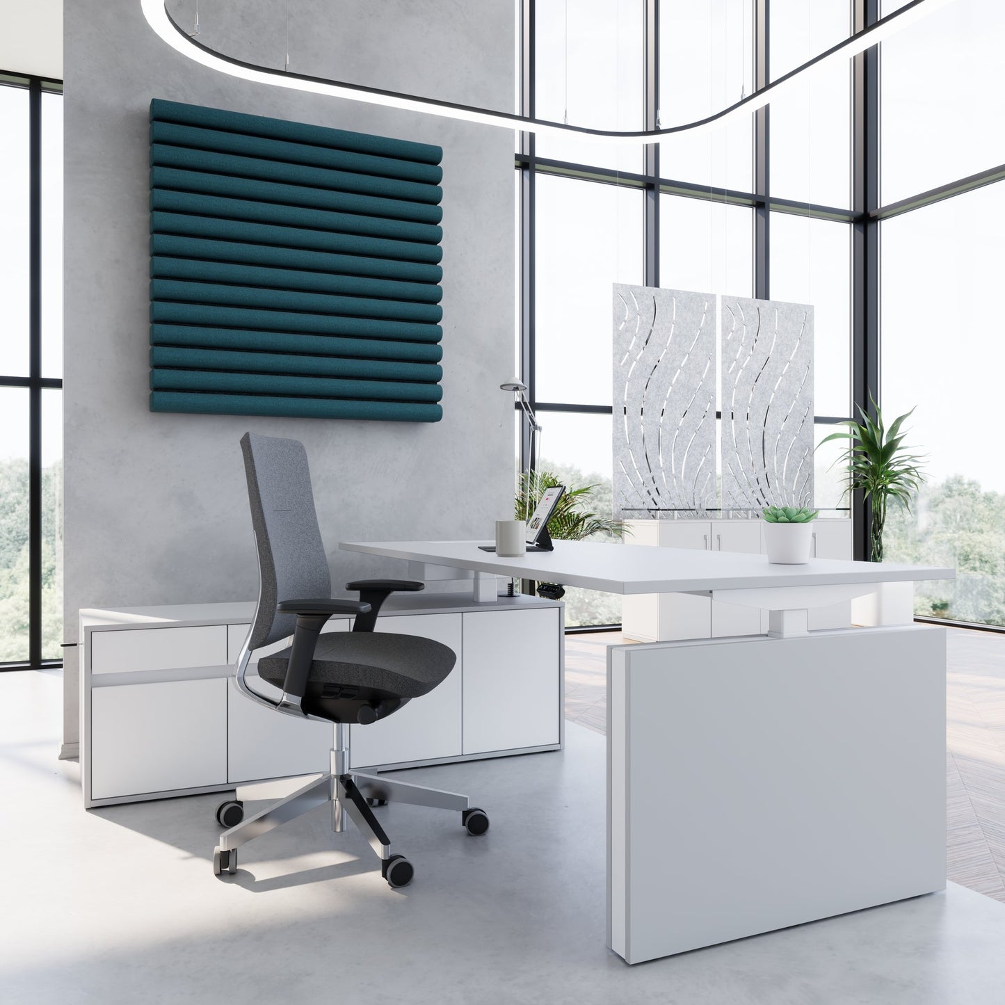 MOTION Bureau à 2 moteurs avec buffet | Réglable à hauteur électrique, 2000 x 1800 mm, gris perlé
