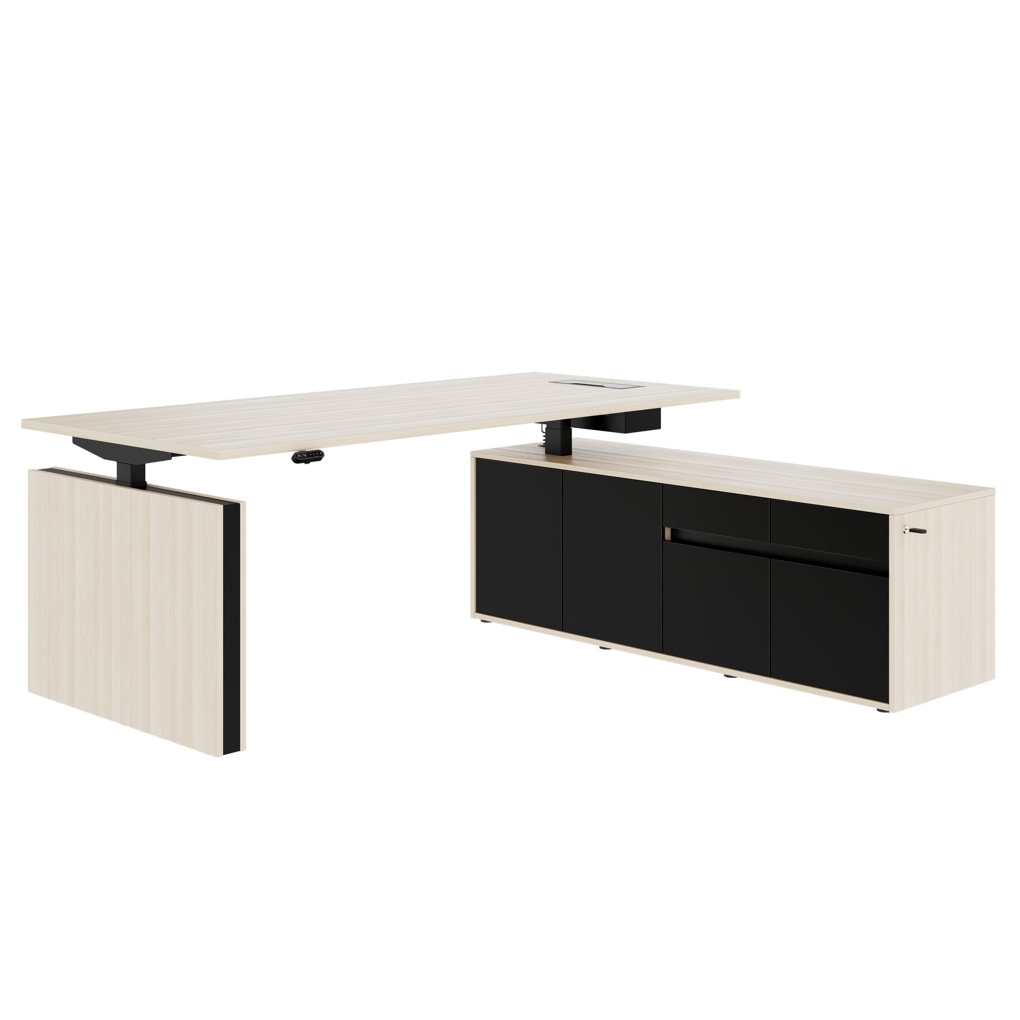 MOTION 2 motor desk with sideboard | Electrically height adjustable, 2000 x 1800 mm, sand ash