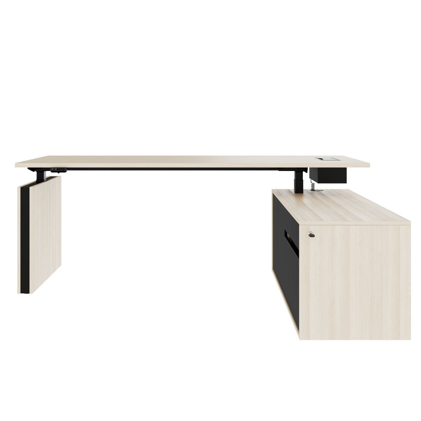 MOTION 2 motor desk with sideboard | Electrically height adjustable, 2000 x 1800 mm, sand ash